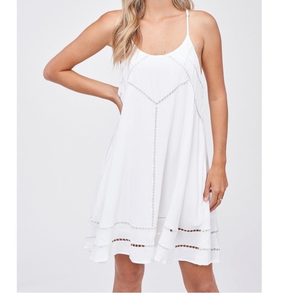 Lulus dress white racer back linen crochet detail preppy flirty fun garden girl
